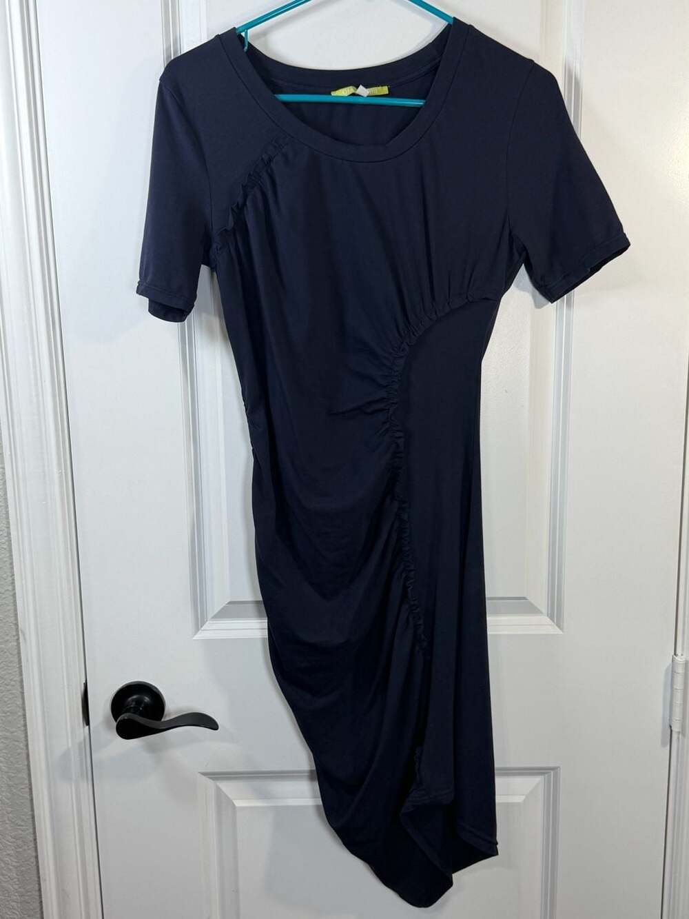 Gianni Bini Navy Blue Ruched Asymmetrical Short Sleeve Dress Size M